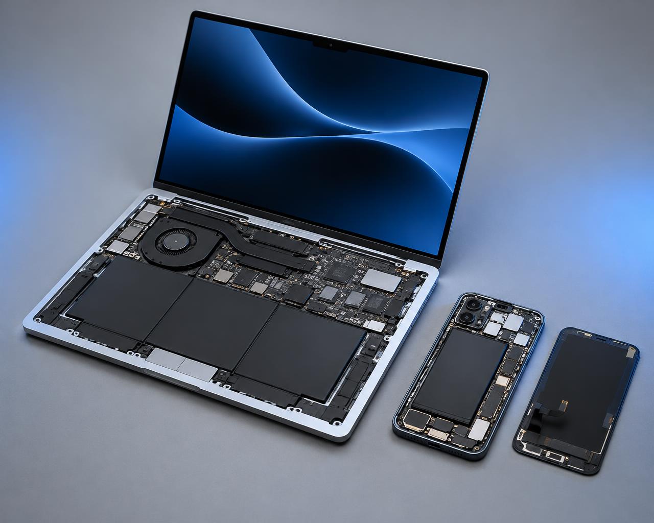 Opened MacBook and iPhone showing internal components during repair